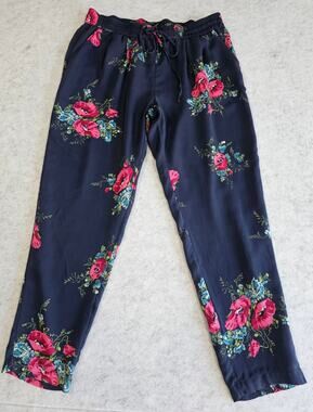 Joie Floral Silk Pants Drawstring Elastic Waist Tapered Navy Pink Medium